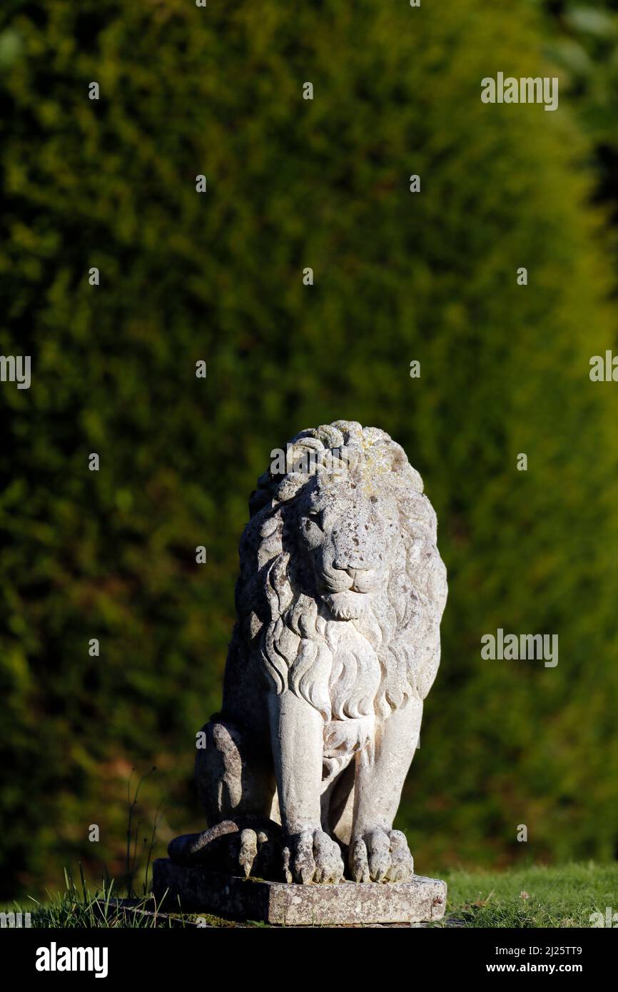 Statue de lion de pierre dans un parc. Banque D'Images