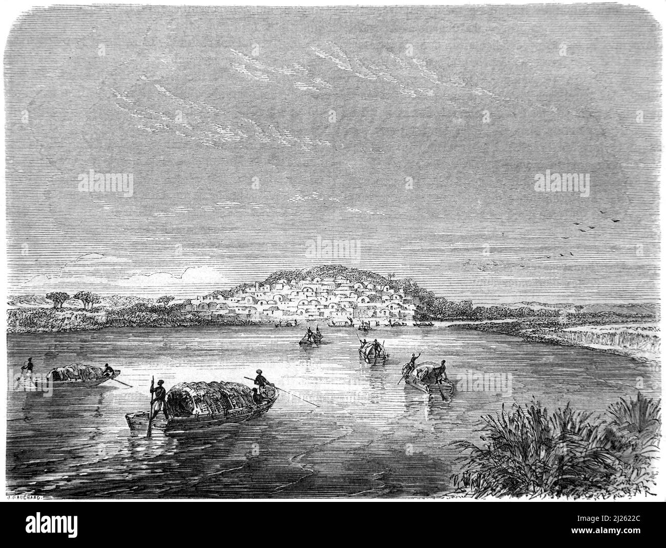 Bateaux fluviaux transportant des marchandises sur le fleuve Niger à Kabara, le port de Tombouctou Mali Afrique. Illustration ancienne ou gravure 1860. Banque D'Images