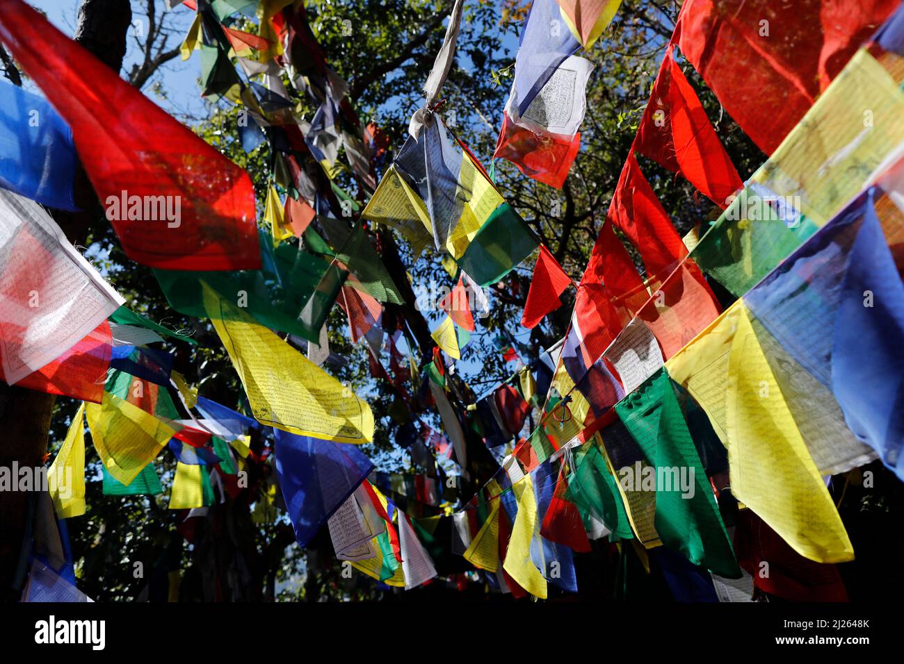 Monastère de Pema Osel Ling. Prière tibétaine drapeau pour la foi, la paix, la sagesse, la compassion et la force. Banque D'Images Monastère de Pema Osel Ling. Prière tibétaine drapeau pour la foi, la paix, la sagesse, la compassion et la force. Banque D'Images