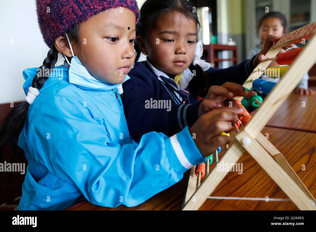 École primaire. Les étudiants apprennent à compter sur un abacus. Banque D'Images