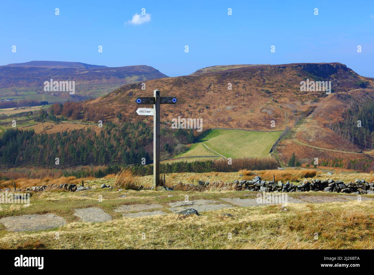 Panneau en bois Bridleway montrant le chemin de pieds longue distance Cleveland Way. North Yorkshire, Angleterre, Royaume-Uni. Banque D'Images