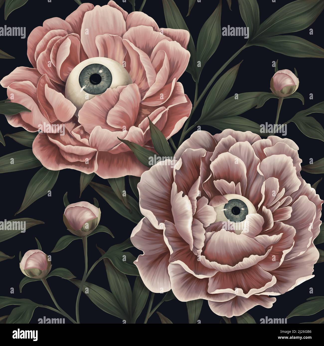 Modèle sans couture mystique. Papiers peints mystérieux, fleurs fantastiques. Fond floral foncé. Pivoines, yeux, horreurs. Fleurs et bourgeons millésimés à la main Banque D'Images