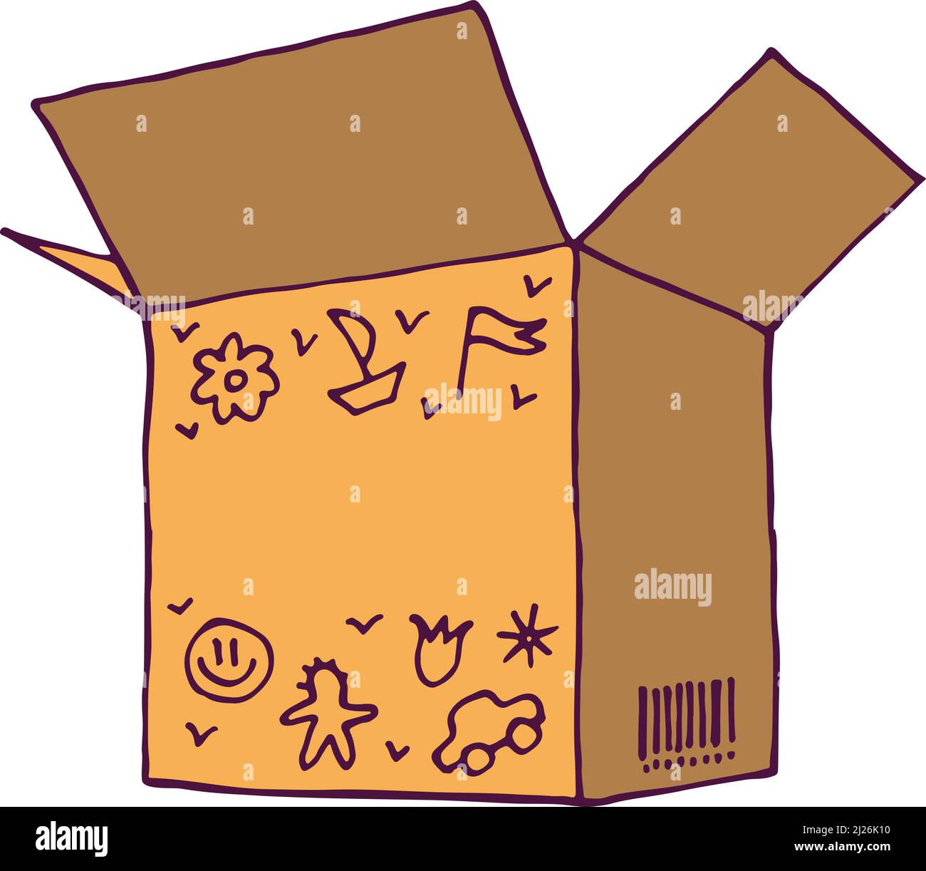 Ouvrir la boîte en carton avec le dessin pour enfants. Icône du package Kid Stuff Illustration de Vecteur