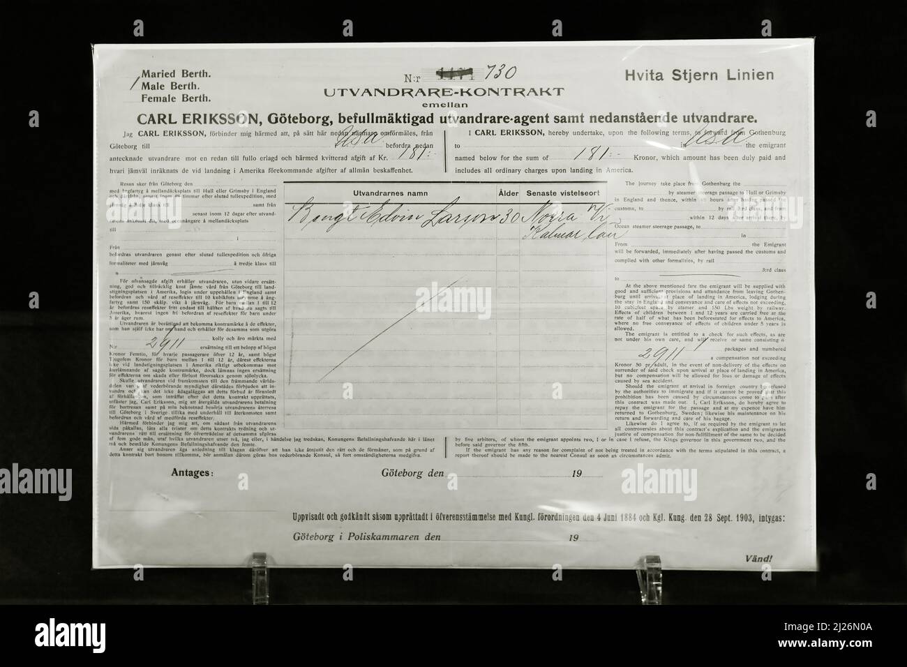 Billet Titanic - billet de troisième classe original de Bengt Edvin Larsson ou Larssen de Suède, passager perdu sur le Titanic ; exposition Titanic, Londres Royaume-Uni Banque D'Images