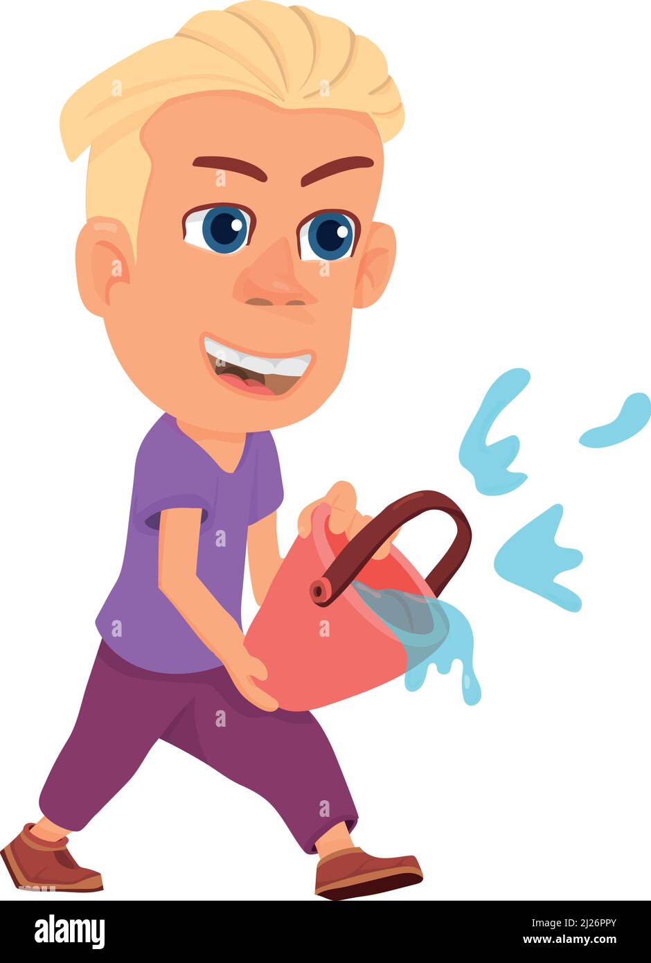 Le garçon éclabousse l'eau du seau. Drôle de dessin animé enfant Illustration de Vecteur