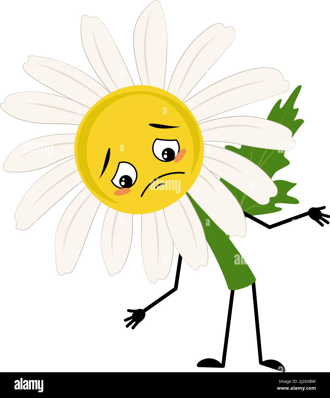 Caractère camomille avec des émotions tristes, visage déprimé, yeux bas, bras et jambes. Personne avec expression mélancolique, fleur de Marguerite. Illustration vectorielle plate Illustration de Vecteur