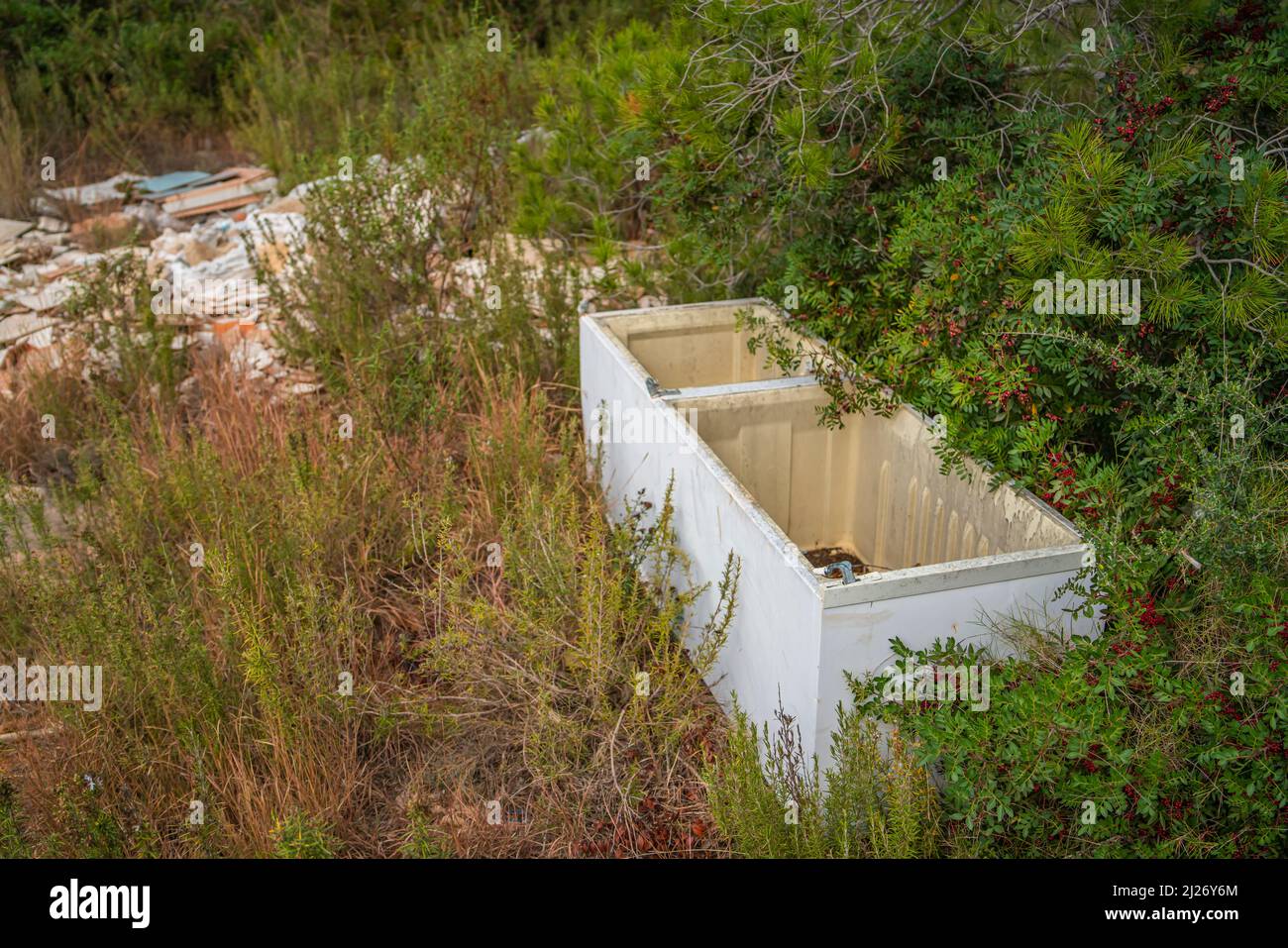Ordures en forêt sur une route rurale à Tarragone, Costa Dorada, Catalogne, Espagne Banque D'Images