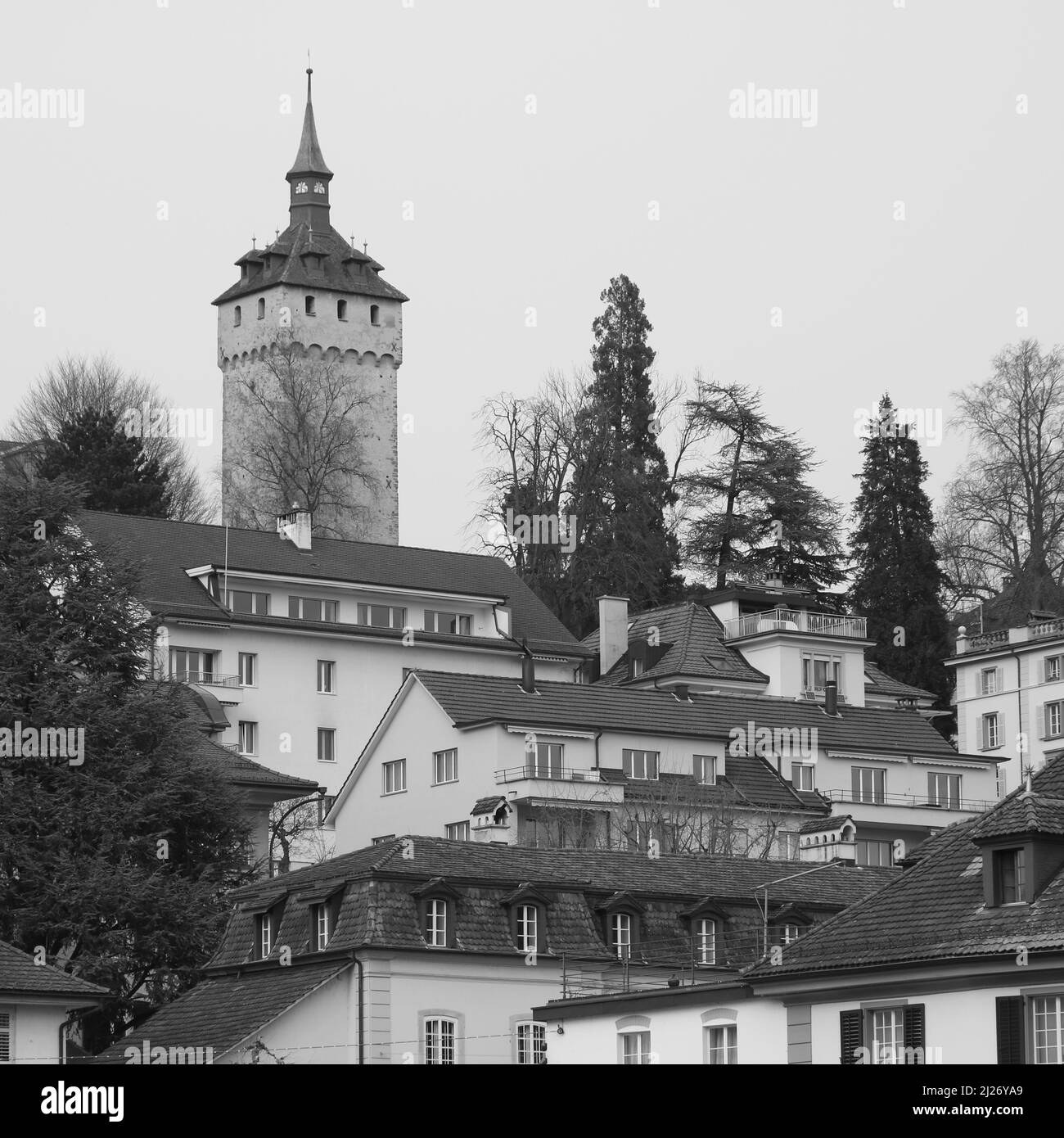 Wachtturm, tour historique du mur de fortification des œufs musqués, Lucerne. Banque D'Images
