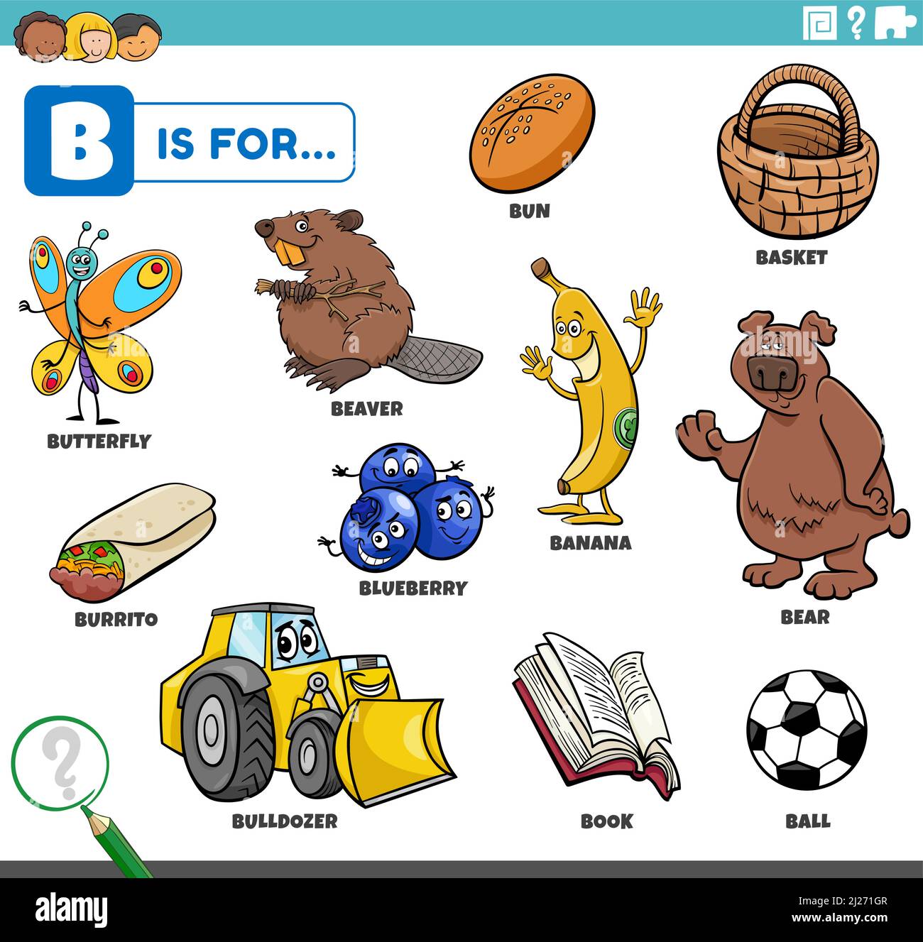 Illustration de dessins animés éducatifs de personnages et d'objets de bande dessinée commençant par la lettre B pour les enfants Illustration de Vecteur