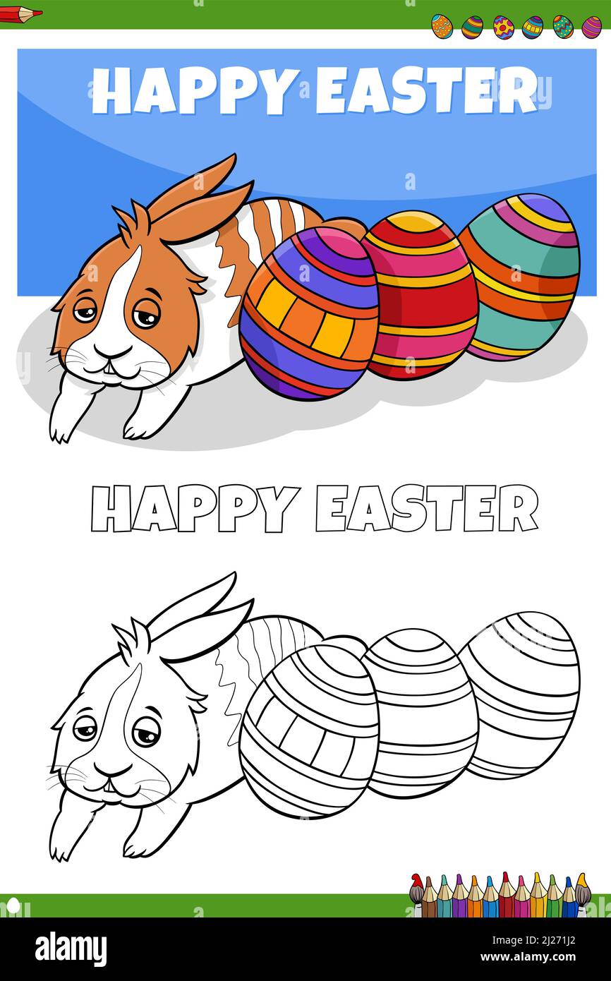 Illustration de dessin animé de caractère mignon lapin de Pâques avec la page de livre de coloriage des oeufs de Pâques Illustration de Vecteur