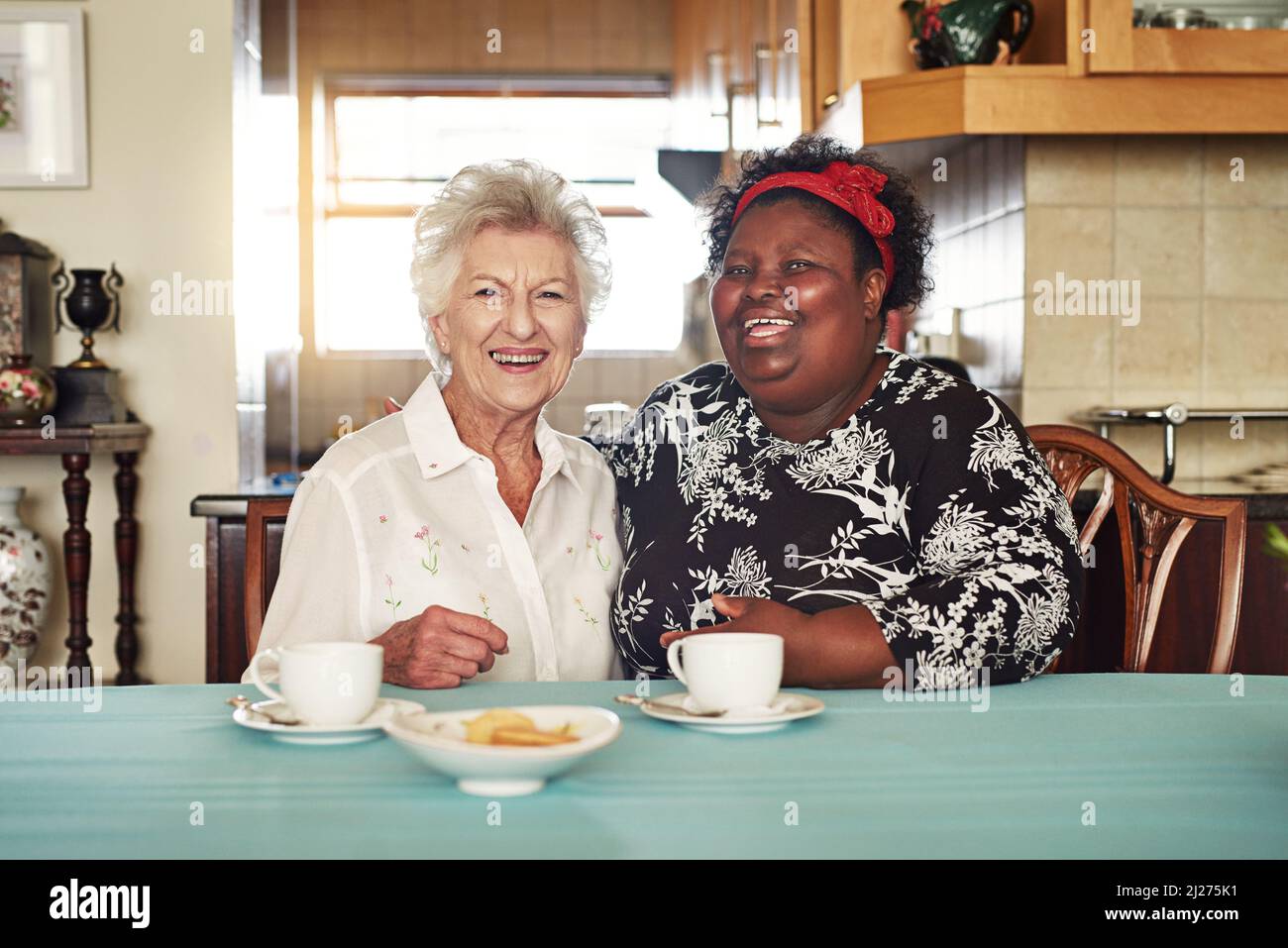 J'adore cette visite de mon très cher vieil ami. Portrait d'une femme âgée heureuse ayant le thé avec son ami à la maison. Banque D'Images