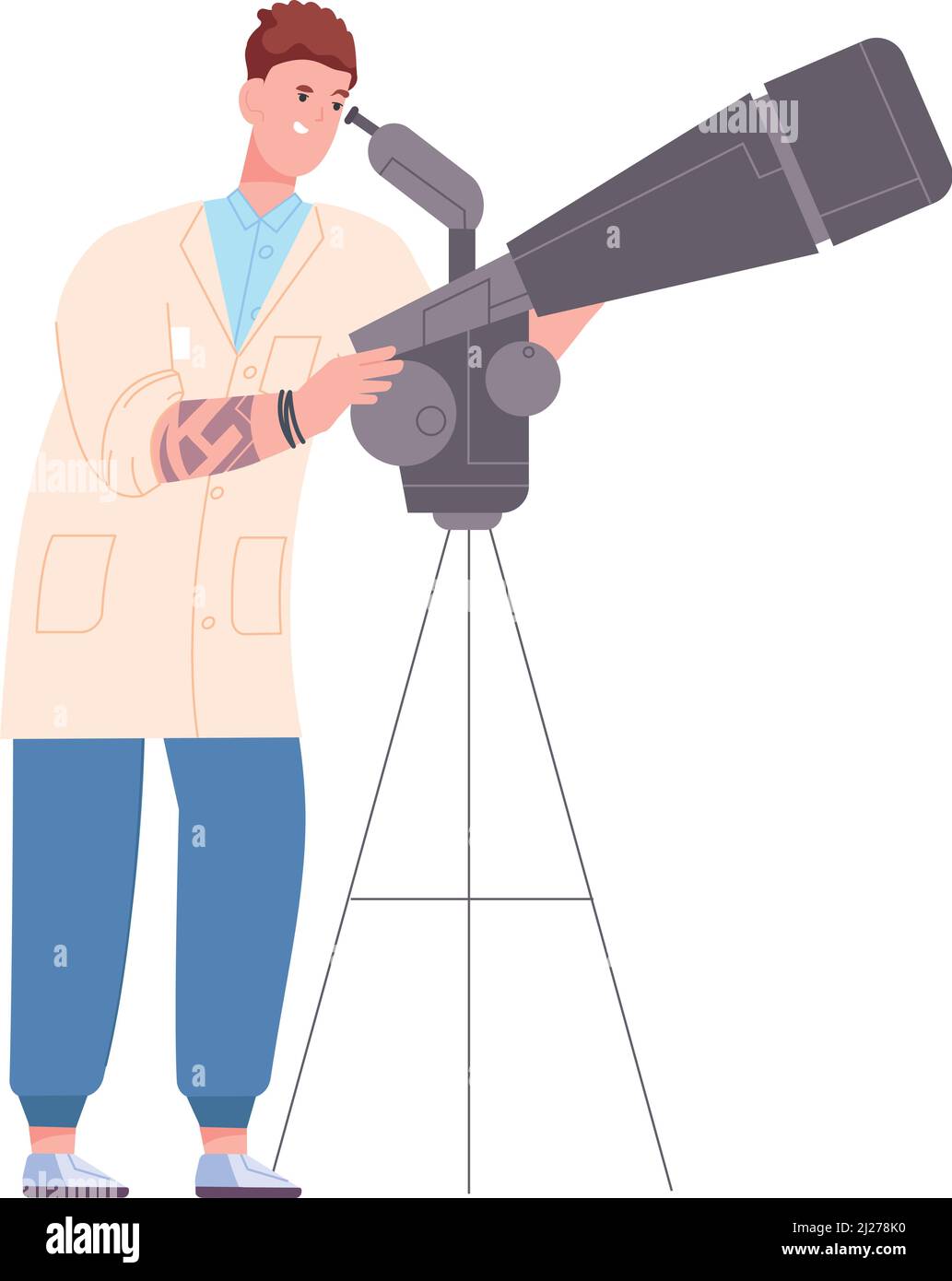 Homme regardant dans le télescope. Recherche en astronomie. Personnage scientifique isolé sur fond blanc Illustration de Vecteur