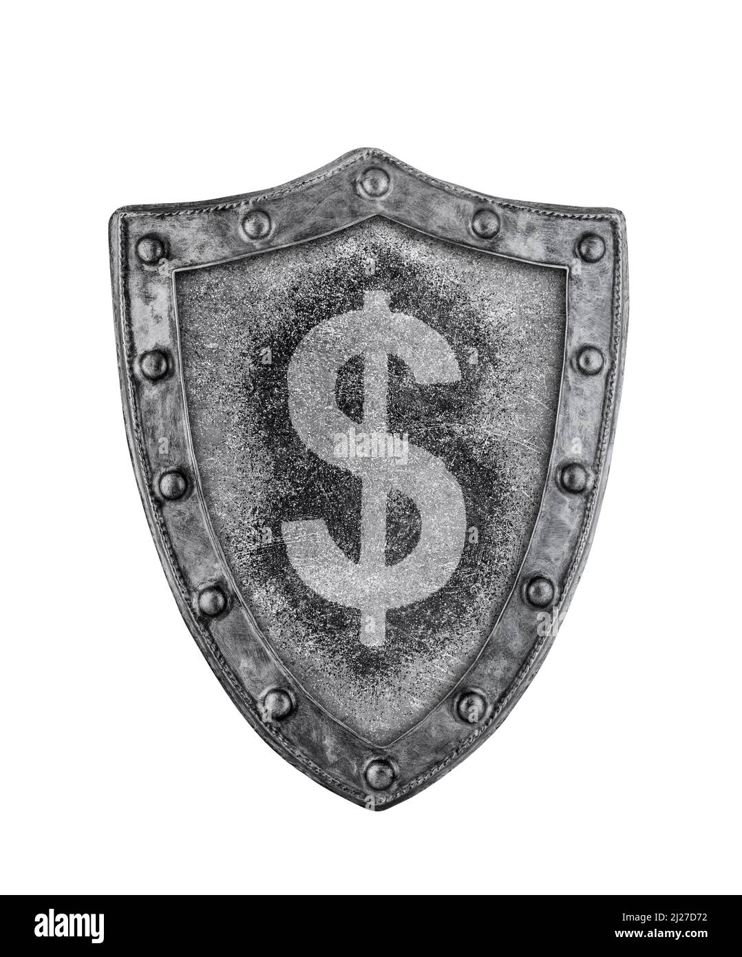 Ancien bouclier médiéval avec signe dollar isolé sur fond blanc avec chemin de coupure Banque D'Images