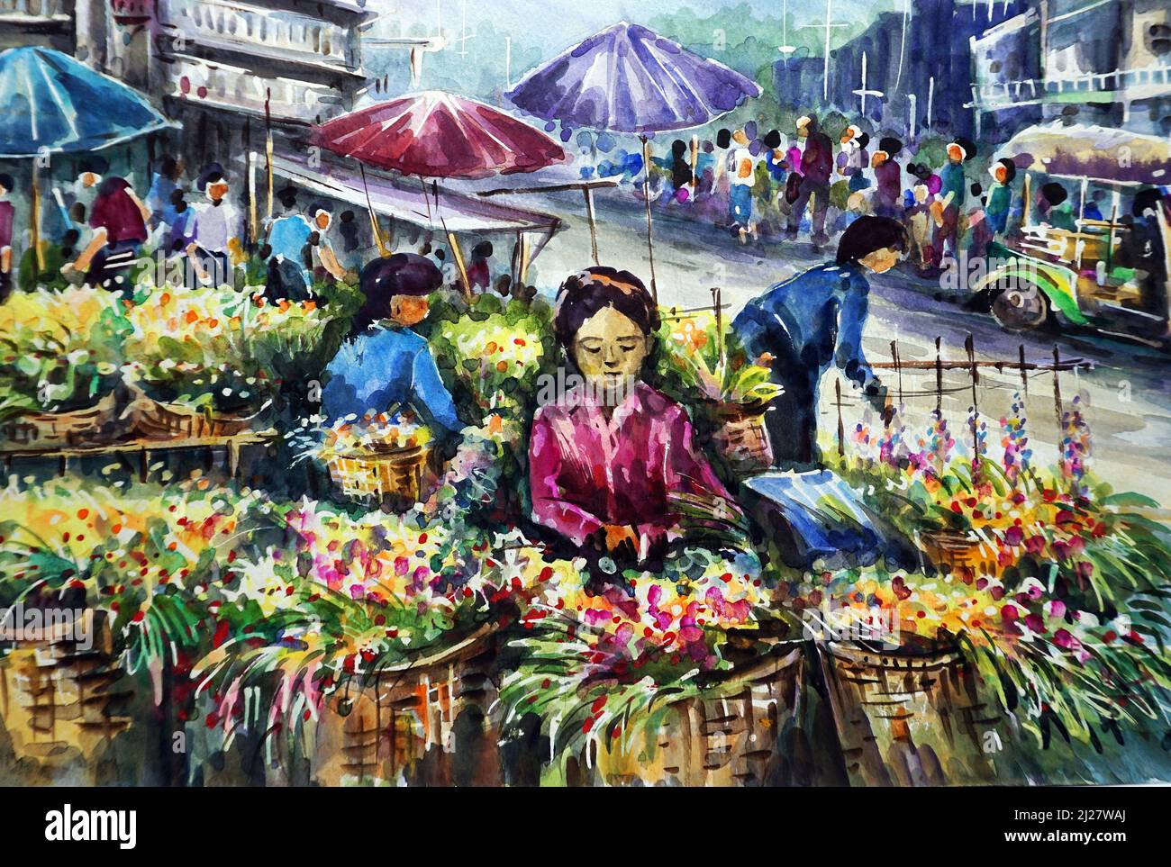 Peinture d'art aquarelle dessinée à la main femmes vendant au marché aux fleurs de thaïlande Banque D'Images