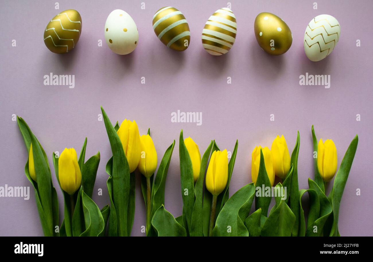 Oeufs de Pâques d'or, couleur blanche avec un motif et tulipes jaunes sur fond violet. Copier l'espace. Banque D'Images