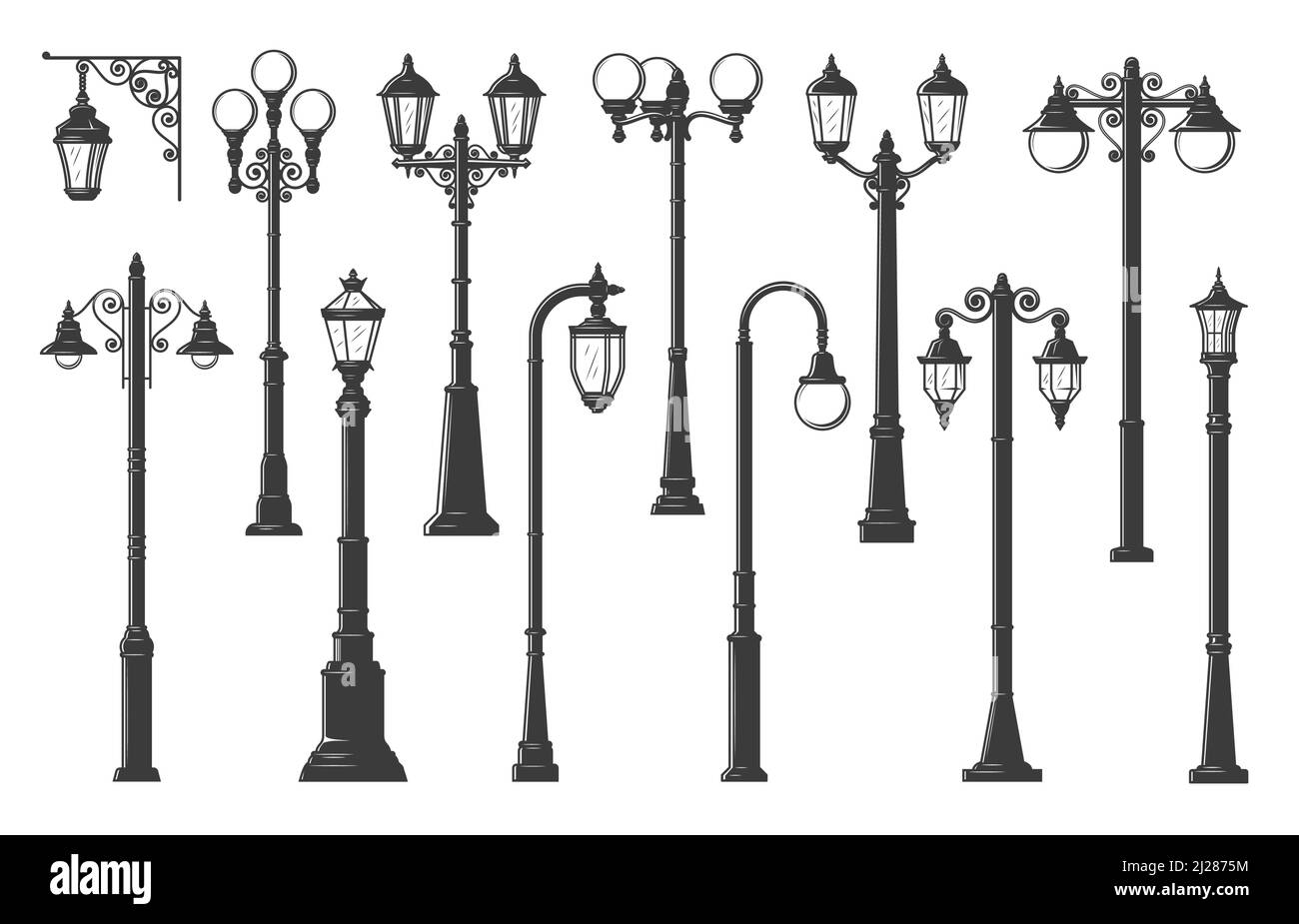 Lampadaire, lampadaires ou lampadaires, lanternes de rue d'époque, lampadaires isolés de vecteurs. Piliers rétro ou lampadaires pour l'éclairage urbain, lampadaires à gaz et vieilles ampoules Illustration de Vecteur