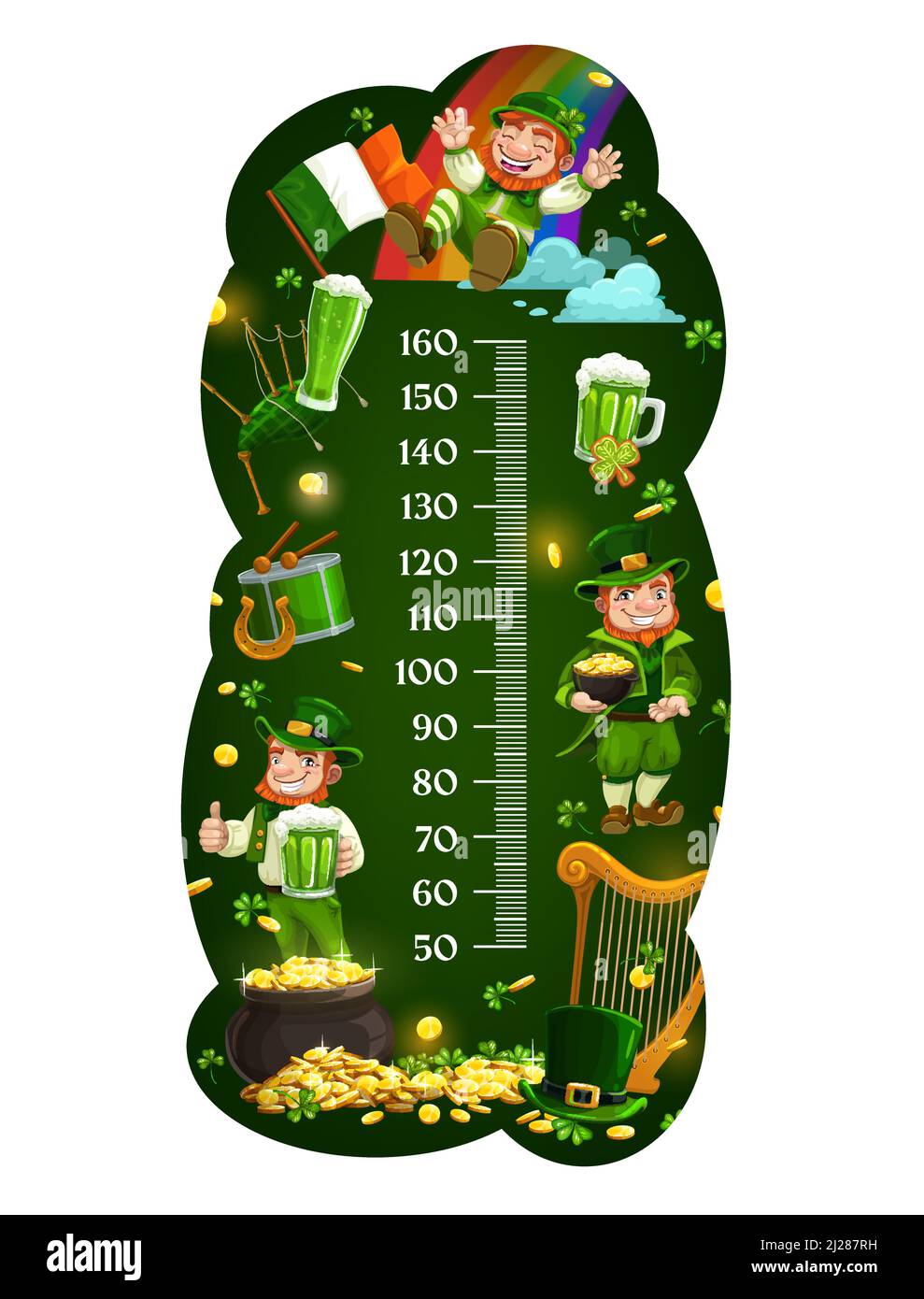 Tableau de hauteur pour enfants avec des leprechuns drôles et de l'or, un vecteur de croissance du mètre d'arrière-plan de dessin animé. Tableau des hauteurs pour enfants ou échelle de mesure pour bébé avec limes de jour irlandais Patrick, pièces d'or et arc-en-ciel sur vert Illustration de Vecteur