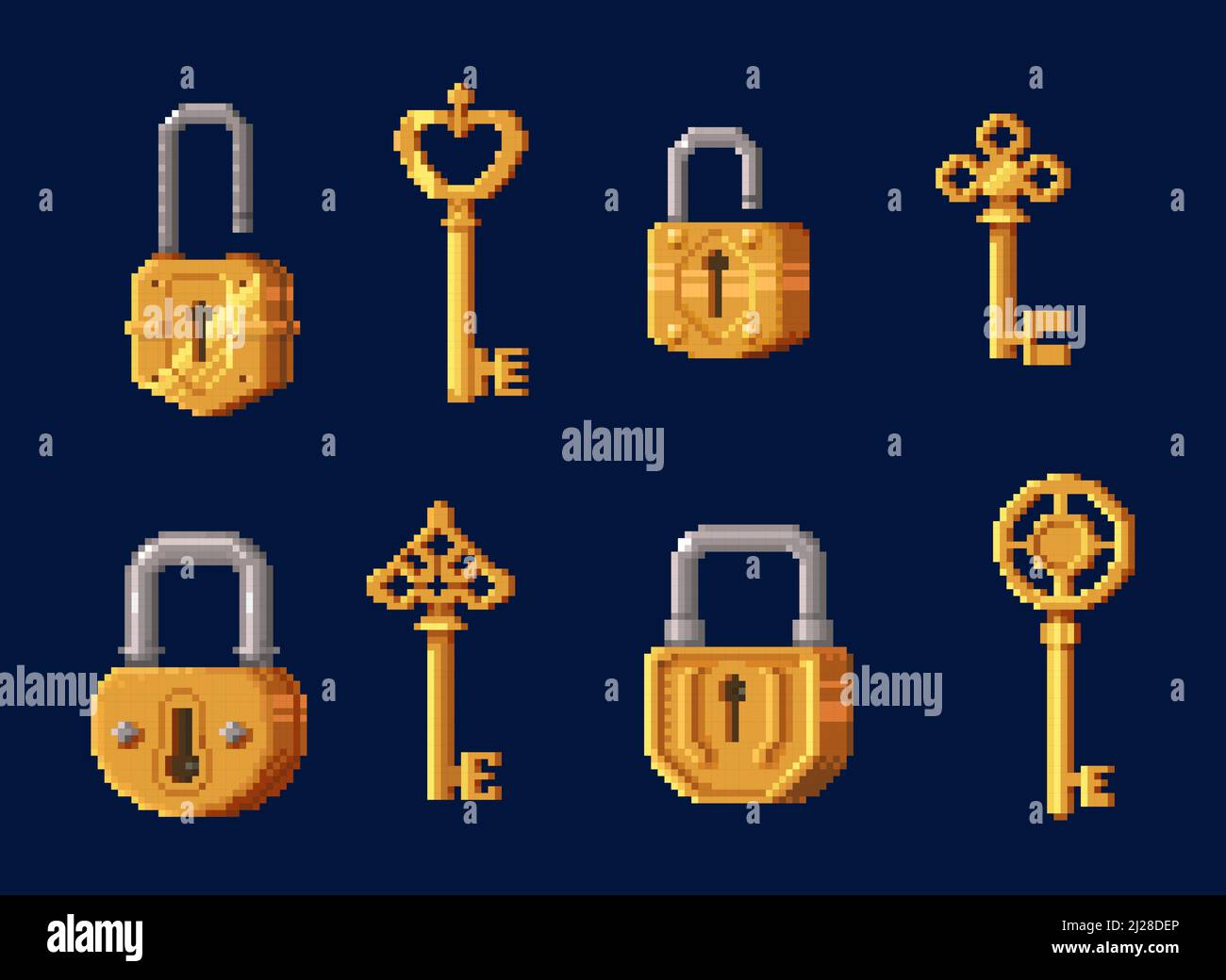 Actifs de jeu de clés et cadenas dorés, pixel art 8bit serrure de porte et  des icônes de vecteur de clé. Jeu de pixels 8 bits actif GUI des clés et des