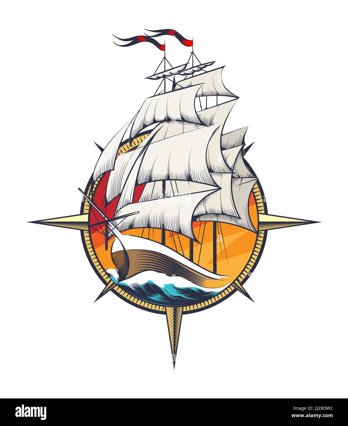 Tatouage coloré de Sail Sail Sail Sail Ship à l'intérieur du vent Rose gravure isolée sur blanc. Illustration vectorielle. Illustration de Vecteur