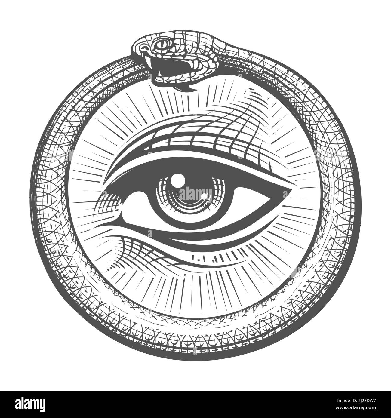 Tatouage ésotérique de tous les yeux voyant à l'intérieur du cercle de serpent d'Ouroboros isolé sur blanc. Illustration vectorielle. Illustration de Vecteur