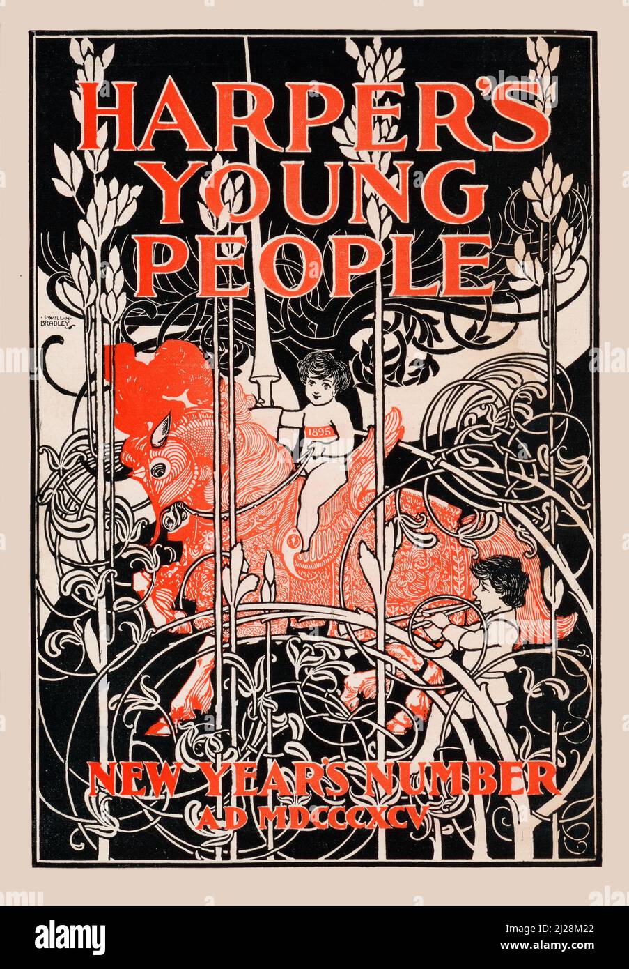 Œuvres d'art de will Bradley - jeunes Harpers Numéro du nouvel an (1895) American Art Nouveau - affiche ancienne et ancienne / couverture de magazine. Banque D'Images