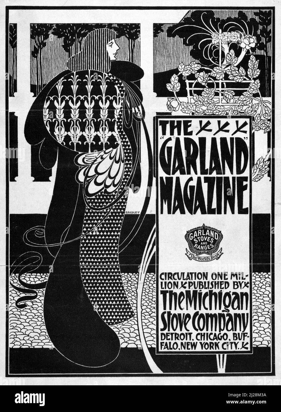 Œuvres d'art de will Bradley - The Garland Magazine (1894-1896) American Art Nouveau - affiche ancienne et ancienne / couverture de magazine en noir et blanc. Banque D'Images