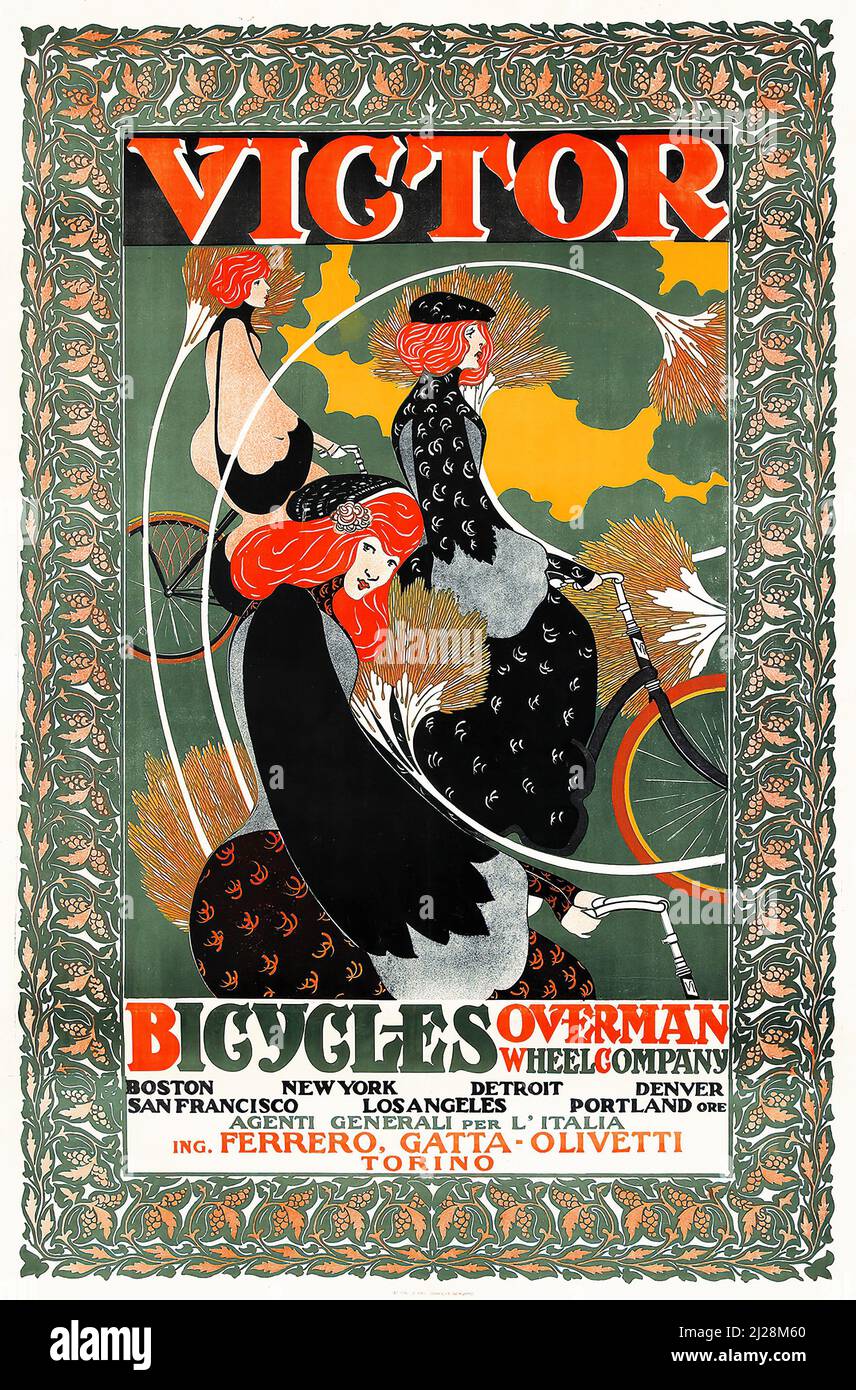 Œuvres d'art de will Bradley - Victor Bicycles Overman Wheel Company (1896) American Art Nouveau - affiche ancienne et ancienne / publicité. Banque D'Images