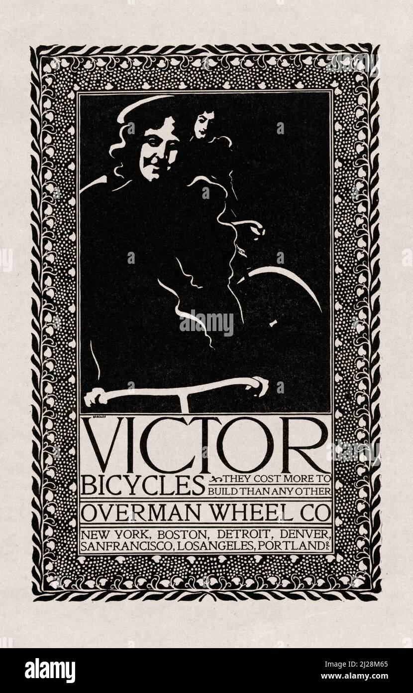 Œuvres d'art de will Bradley - Victor Bicycles, Overman Wheel Co. (1890-1920) American Art Nouveau - affiche publicitaire ancienne et ancienne en noir et blanc. Banque D'Images