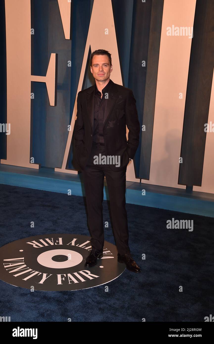 LOS ANGELES, CALIFORNIE - 27 mars : Sebastian Stan arrivées pour la Vanity Fair Oscar Party organisée par Radhika Jones au Wallis Annenberg Center for Banque D'Images