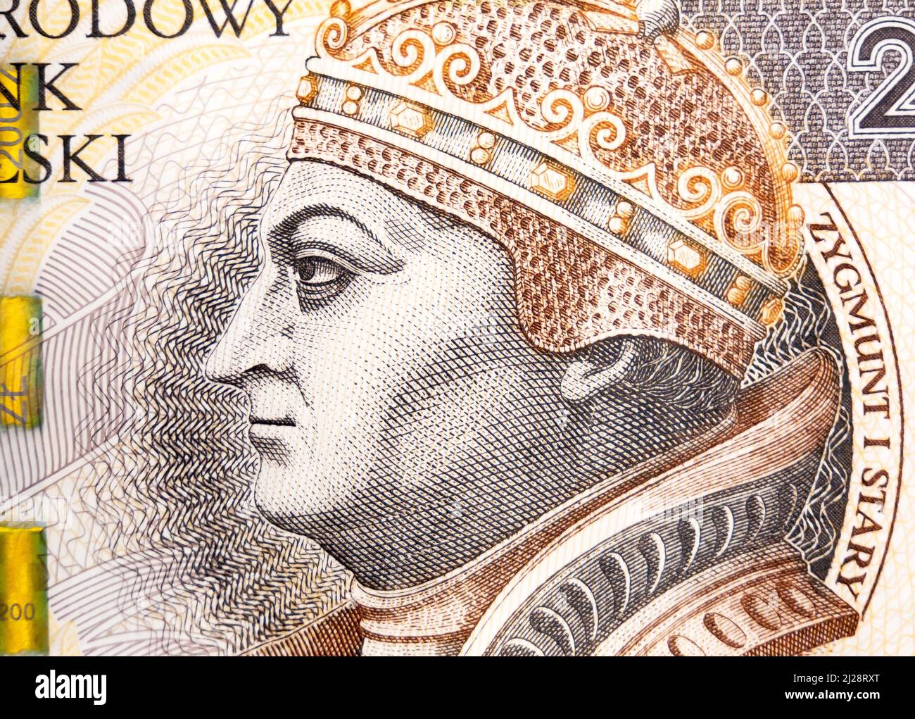 Monnaie polonaise, PLN, 200 zł, deux cents zloty bill macro, très gros plan détail Zygmunt i Stary face sur une note de banque vue de dessus, billet de banque Banque D'Images