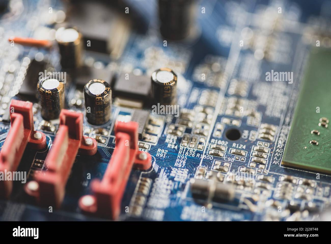 Industrie de fabrication d'électronique d'ordinateur, circuits complexes de carte mère, macro de composants électriques de carte de circuit imprimé générique, détail d'objet, ex Banque D'Images