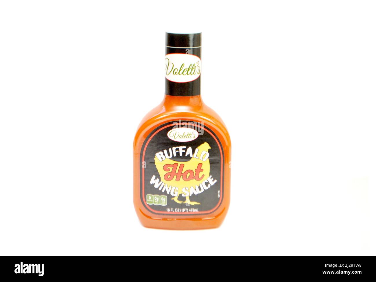 Sauce chaude Valetti's Buffalo Wing en bouteille isolée sur fond blanc Banque D'Images