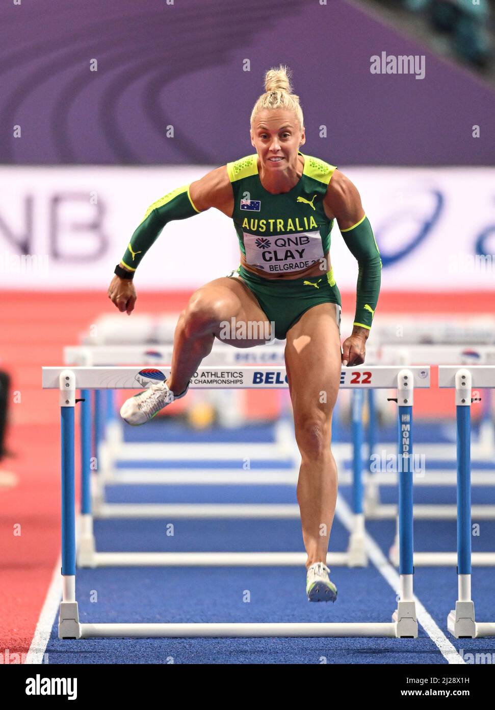 Liz Clay participant aux Championnats du monde en salle de Belgrade 2022 dans les 60m haies. Banque D'Images