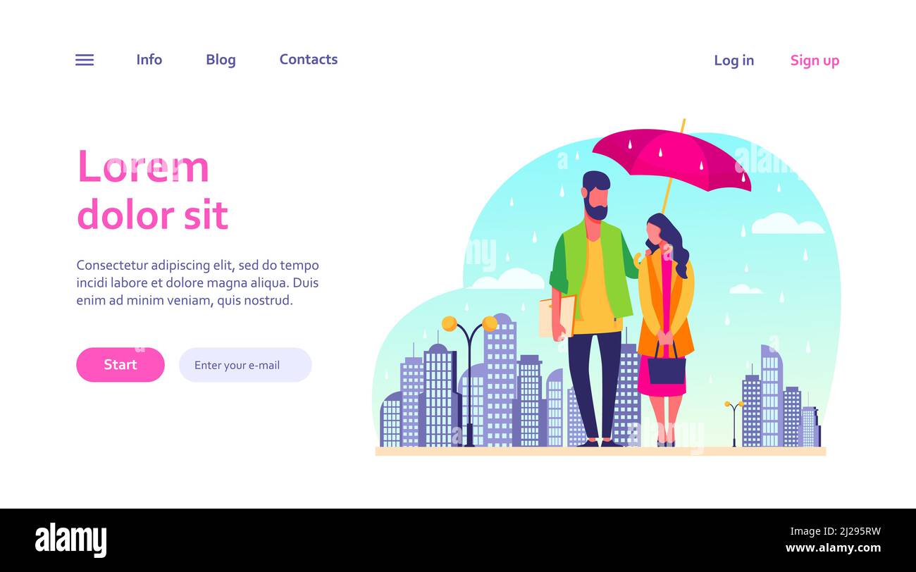 Jeune couple dans l'illustration de vecteur de pluie. Homme et femme en imperméable debout sous un parapluie dans la rue urbaine. Image de pluie d'automne pour la météo, la saison, c Illustration de Vecteur