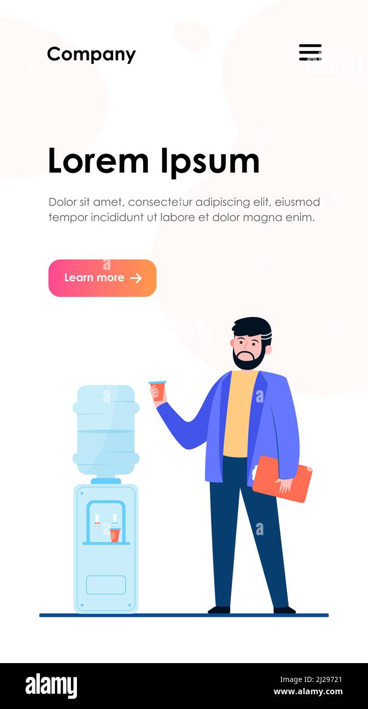 Homme buvant de l'eau au réfrigérateur. Illustration vectorielle plate employé de bureau, employé, pause travail. Boissons, rafraîchissements, concept de glacière pour bannière, Web Illustration de Vecteur