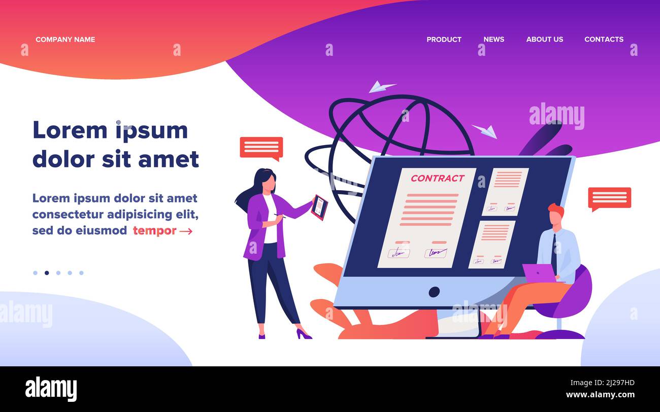 Les gens d'affaires signant le contrat en ligne avec l'illustration de vecteur de signe électronique. Les responsables parviennent à un accord officiel. Documents officiels, contr. En ligne Illustration de Vecteur