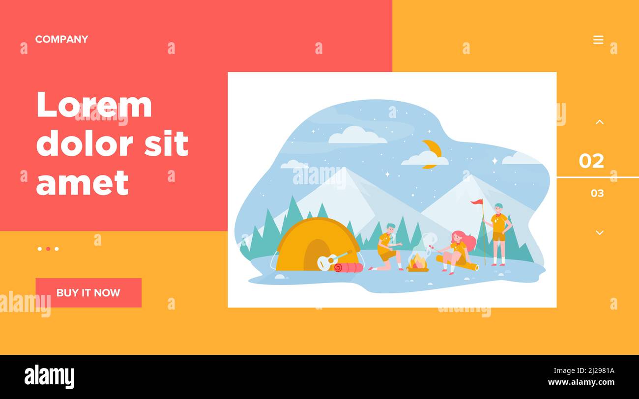 Enfants au feu de camp dans la forêt de montagne illustration de vecteur plat. Des scouts de dessins animés campant, assis près du feu et friture guimauve. Aventure et summ Illustration de Vecteur