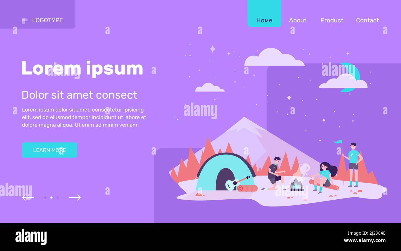 Enfants au feu de camp dans la forêt de montagne illustration de vecteur plat. Des scouts de dessins animés campant, assis près du feu et friture guimauve. Aventure et summ Illustration de Vecteur