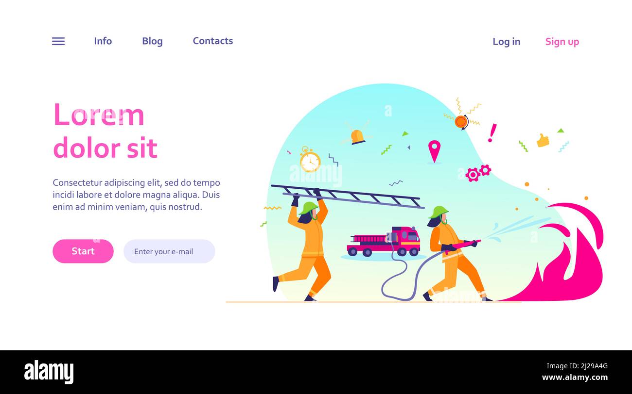 Braves pompiers portant un uniforme et un casque lutte contre les incendies illustration vectorielle plate isolée. Dessins animés pompiers équipe arrosage feu. Sécurité, sauvetage et Illustration de Vecteur