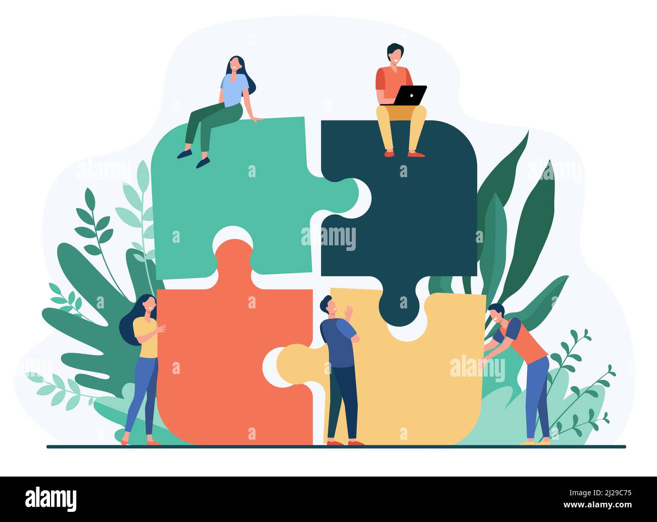 Équipe d'affaires mettant en place puzzle puzzle illustration vectorielle plate isolée. Partenaires de dessin animé travaillant en relation. Travail d'équipe, partenariat et coopération Illustration de Vecteur