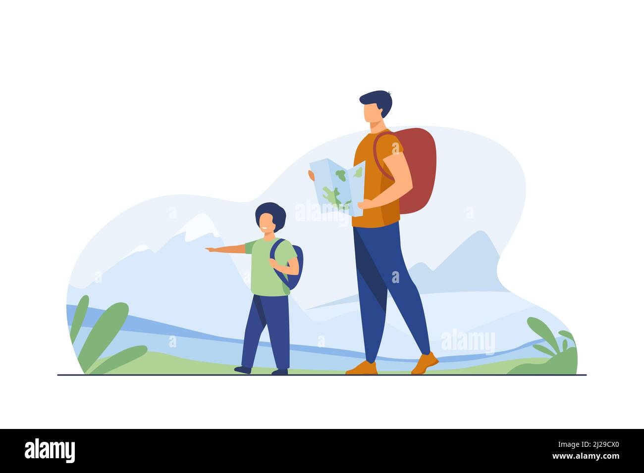 Papa et son fils avec des sacs à dos qui marchent à l'extérieur. Touristes avec carte trekking dans les montagnes illustration de vecteur plat. Vacances, voyage en famille, concept de randonnée Illustration de Vecteur