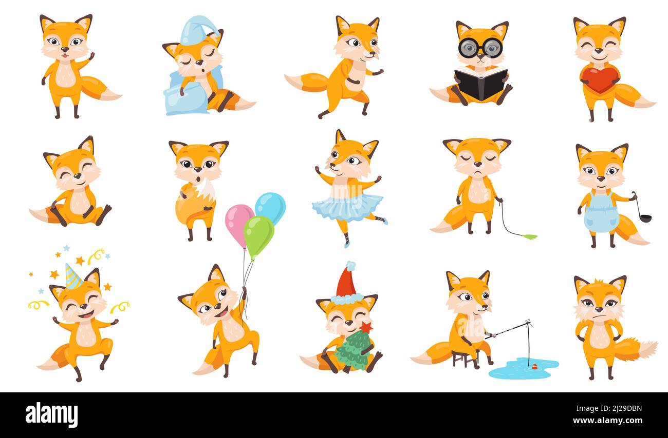 Ensemble de renards amusants. Mignon animal de dessin animé dans différentes poses et actions, renard rouge dormir, cuisine, marche, pêche, livre de lecture, célébration d'anniversaire. Illustration de Vecteur