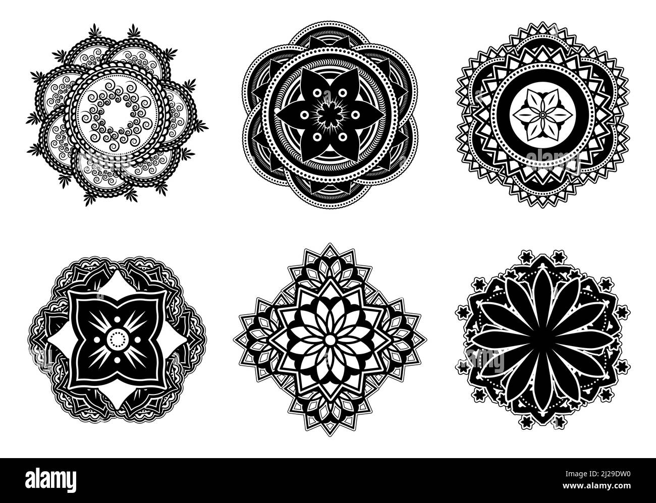 Ensemble de fleurs Mehndi ou Mehendi à motif plat. Symboles décoratifs abstraits mandala pour collection d'illustrations vectorielles de tatouage. Culture et décoration de l'Inde Illustration de Vecteur