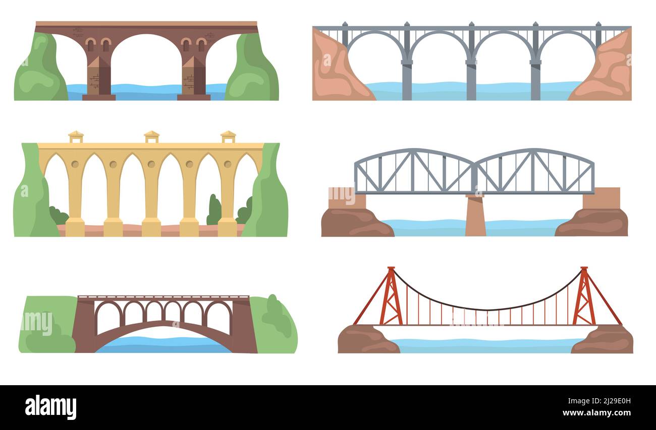 Vues panoramiques avec ponts. Constructions d'arche, aqueducs, rivières, falaises, paysages isolés sur fond blanc. Illustrations vectorielles plates pour un Illustration de Vecteur