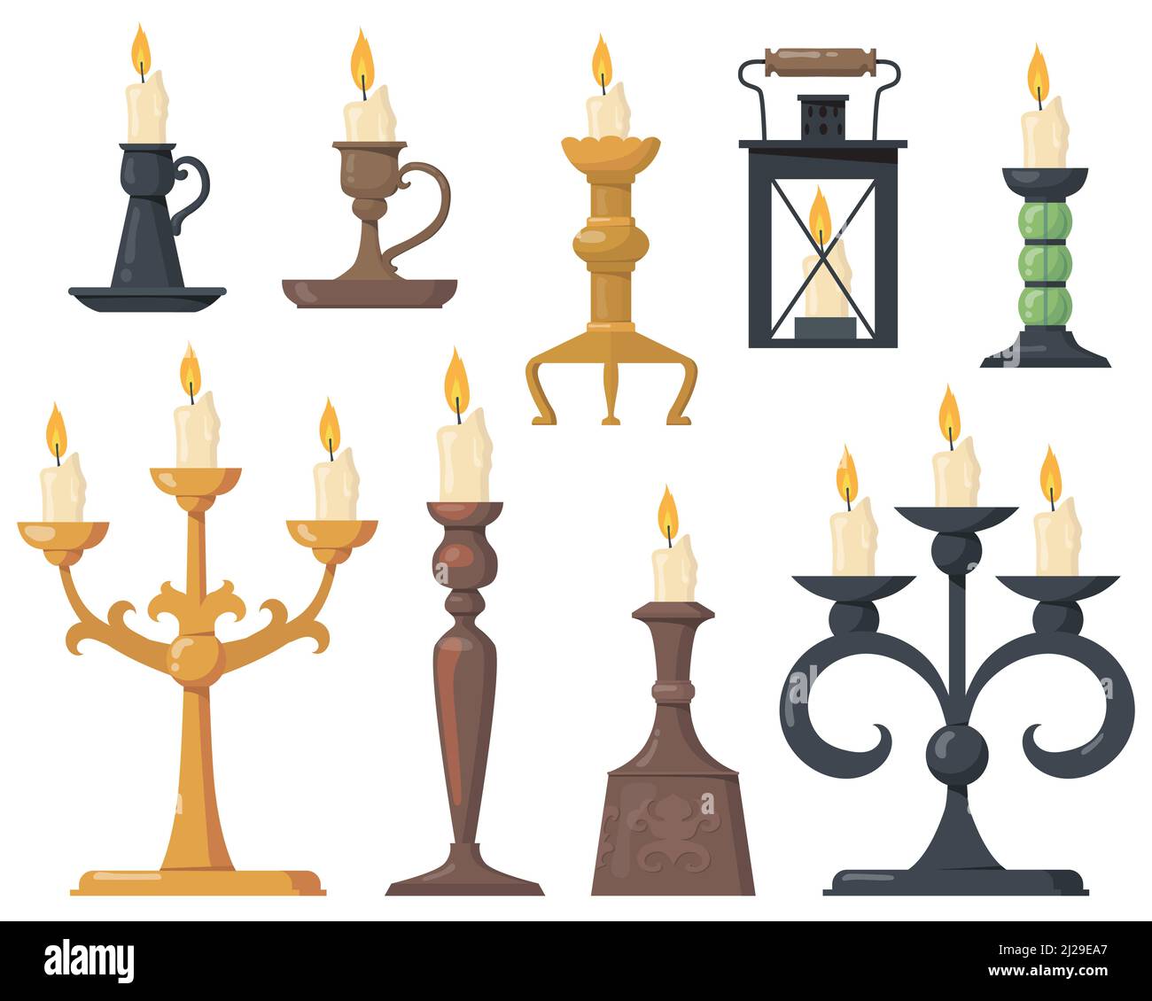 Bougies vintage en chandeliers ensemble d'icônes plates. Dessin animé élégant candélabres victoriens et supports rétro pour bougies vecteur isolé illustration colec Illustration de Vecteur