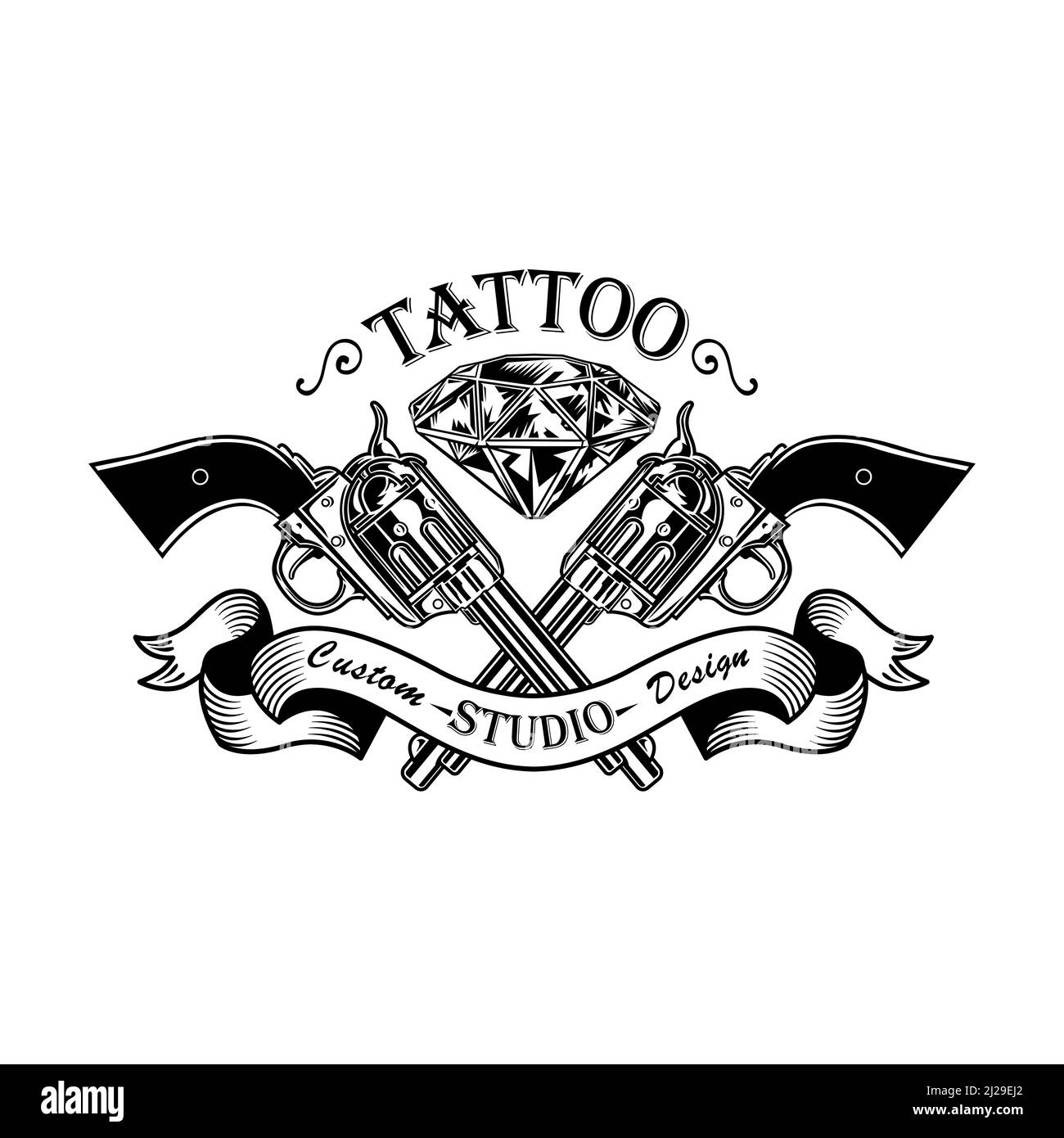 Illustration rétro à canon croisé et vecteur diamant. Revolvers monochromes élégants. La conception de tatouage et le concept de style peuvent être utilisés pour le modèle rétro, banne Illustration de Vecteur
