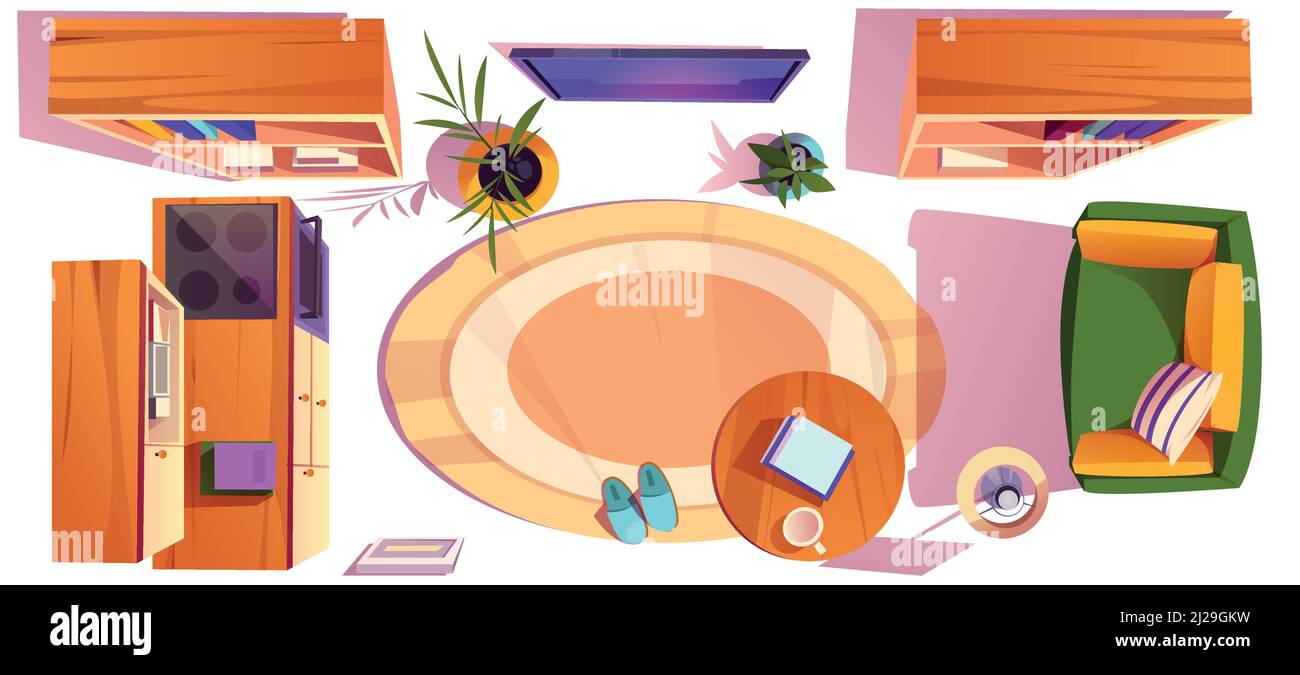 Ensemble de studios, salon et meubles de cuisine vue sur le dessus. Canapé, table basse, téléviseur accroché au mur, bibliothèques en bois, bureau avec four, lampadaire, plantes en pot et tapis, icônes de dessin animé Illustration de Vecteur