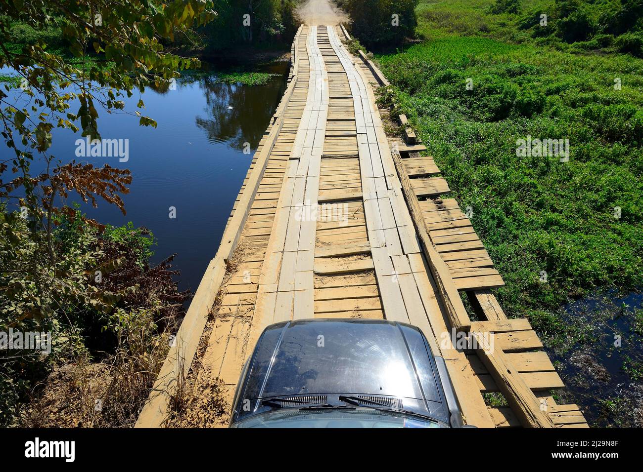 Véhicule tout-terrain sur un pont en bois de la Transpantaneira, Pantanal, Mato Grosso, Brésil Banque D'Images