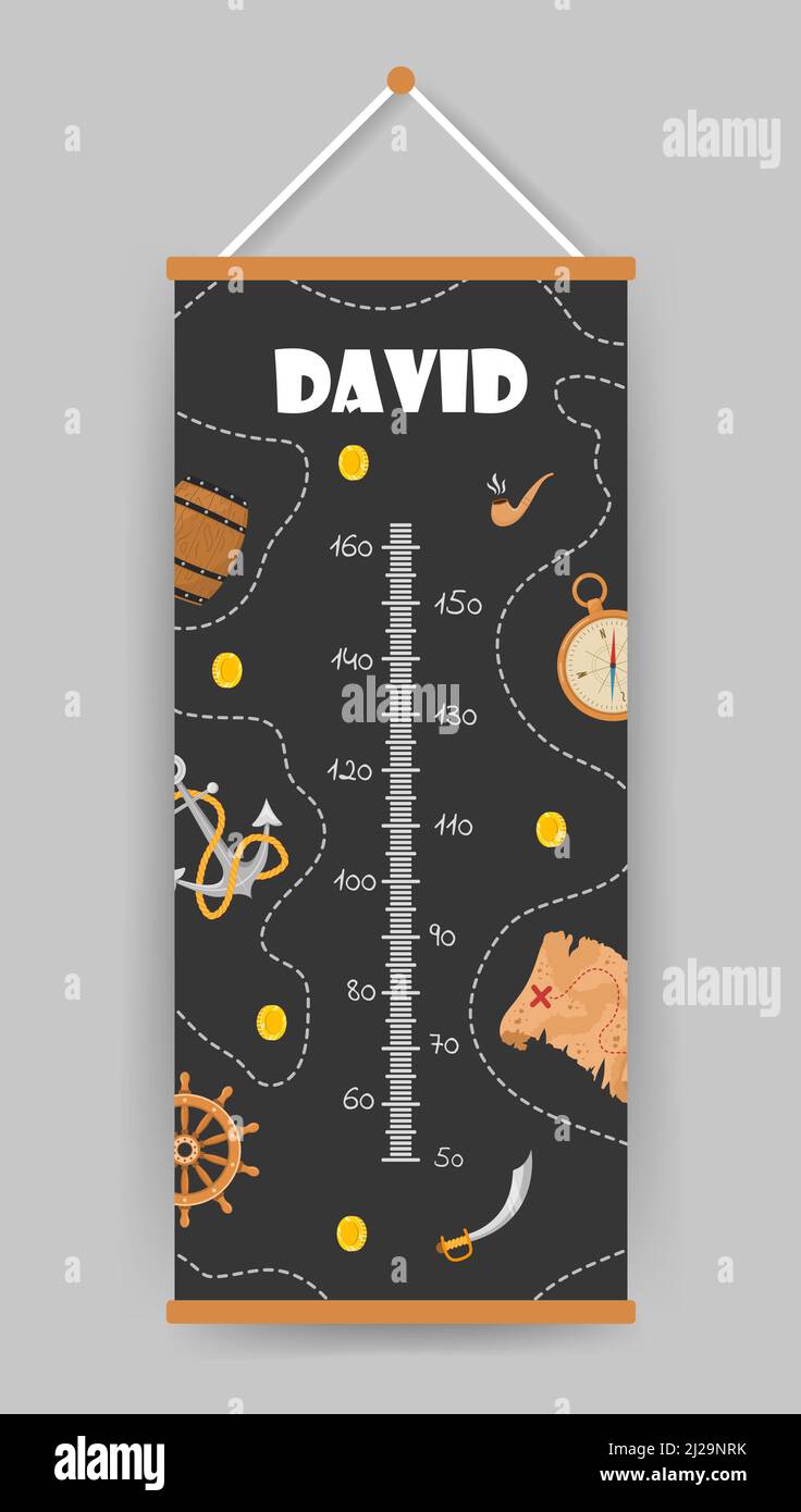 Tableaux de taille pour enfants. Mur de mètres avec ancrage pirate, carte et boussole. Illustration vectorielle en style de dessin animé Doodle. Graphique de croissance puérile. Affiche Illustration de Vecteur