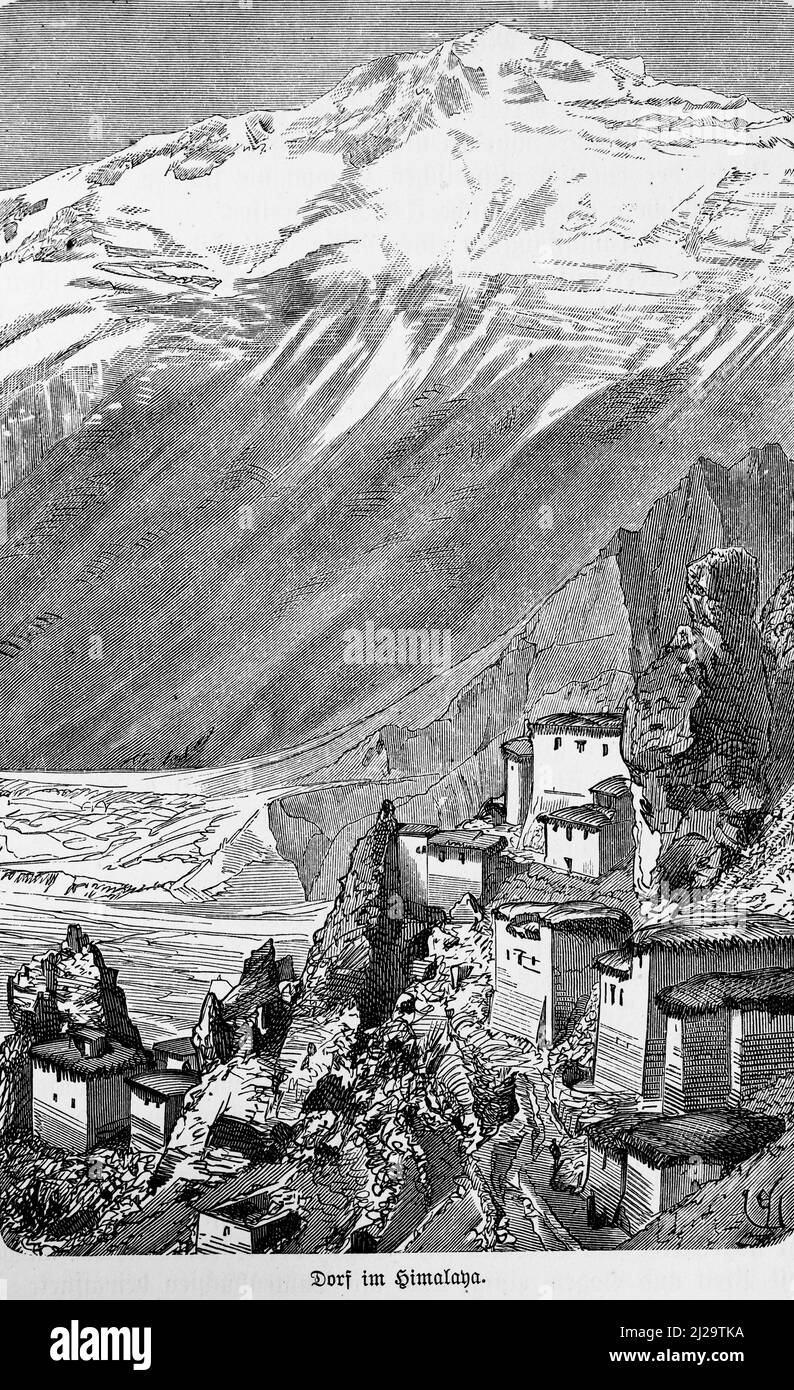 Village, vallée, pente, maisons, neige, Illustration historique 1885, 19th siècle, Himalaya, Asie centrale Banque D'Images